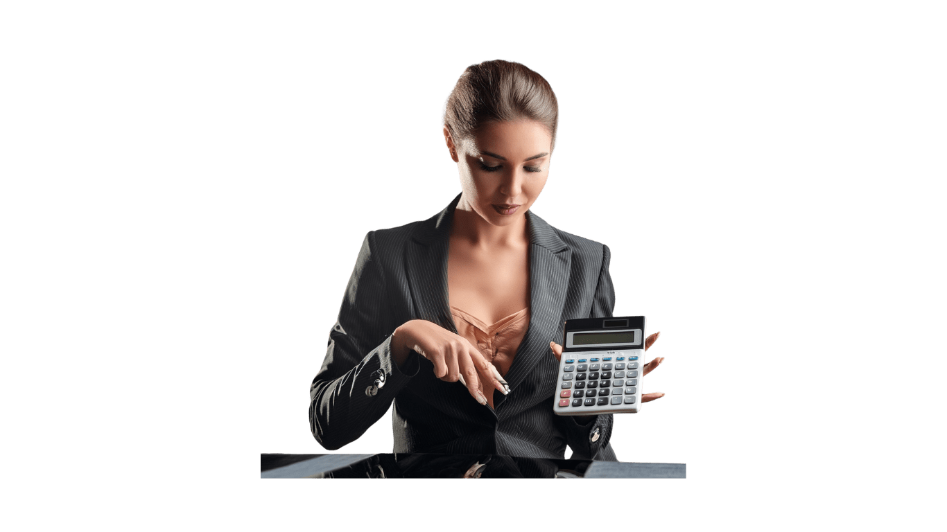 A woman in a suit and tie holding a calculator.