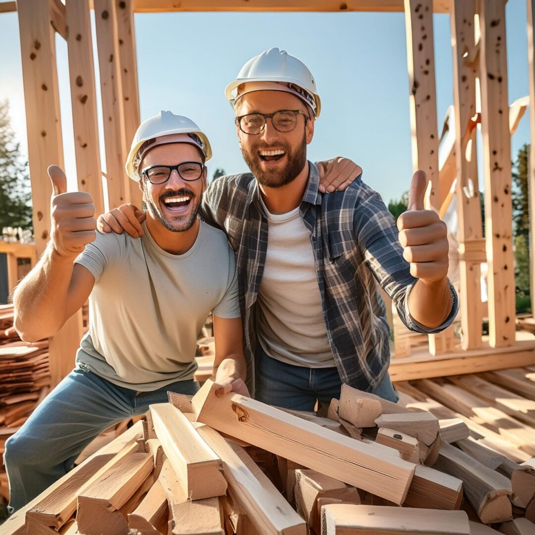 Two men in hard hats are posing for a picture.