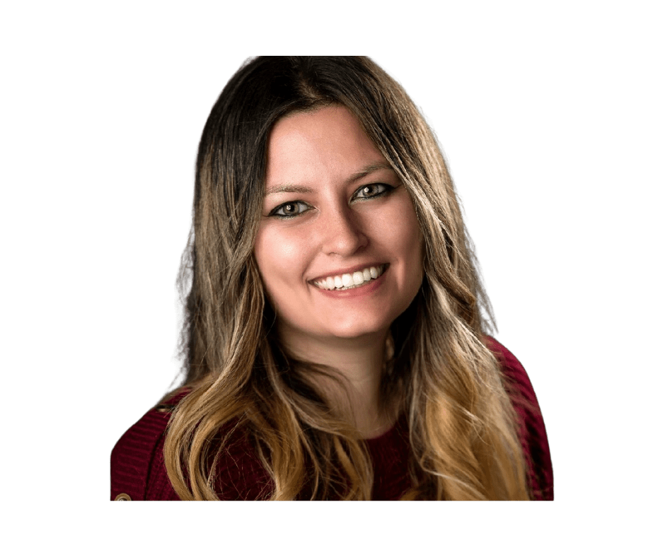 A woman with long hair and wearing a red sweater.